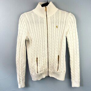 Lauren Ralph Lauren White Cable Knit Full Zip Mock Neck Sweater Size XS Preppy